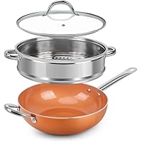 SHINEURI 3 Pieces Copper Nonstick Ceramic Fry Pan Set - 12 Inch Woks and Stir Fry Pans with Lid & Stainless Steel…