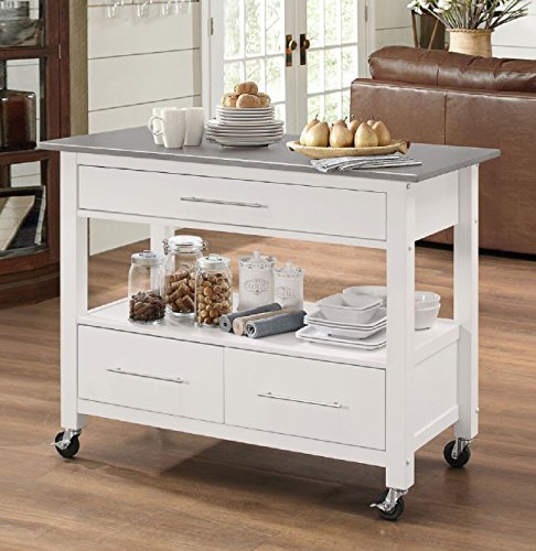 Major-Q 9098330 Stainless Steel and White Finish Wheeled Kitchen Island Cart with Drawers and Open Storage - Thumbnail 3