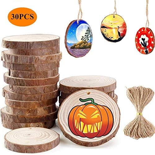 Wood Slices Rounds 30 Pcs 2.4"-2.8" Wooden Circles Discs Hanging Wood Pieces with Hole & Jute Twine Natural Wood Log for Christmas Pendants Ornaments Wedding Cards Decoration and DIY Craft Making
