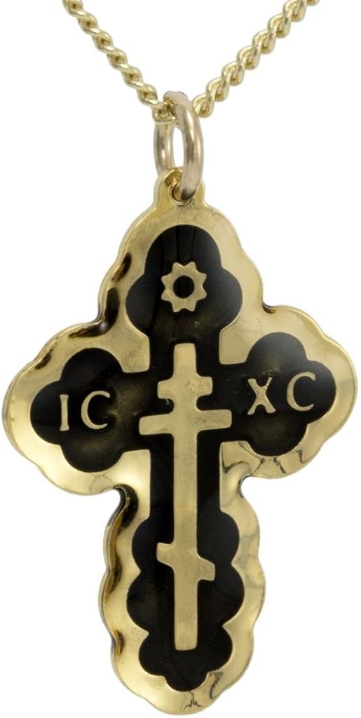 Gold Plated Orthodox Cross Necklace Black Enamel Pendant