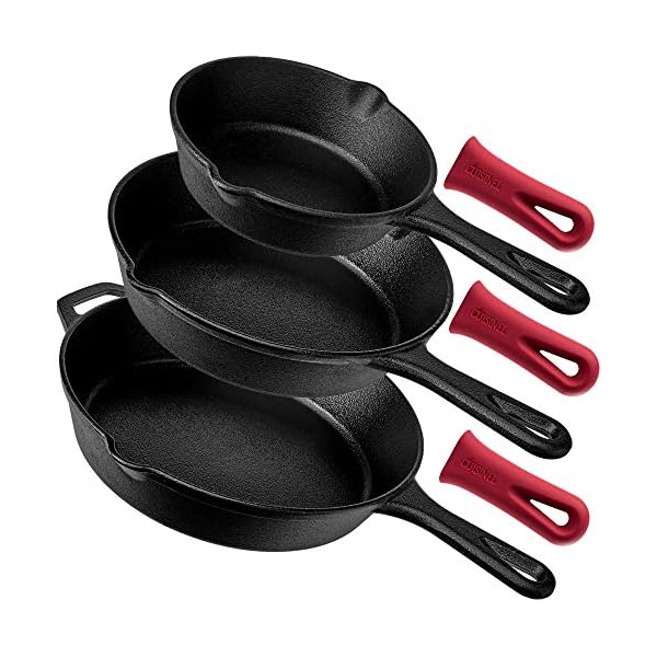 Cast-Iron-Skillet-Set-6810-1524cm2032cm254cm-3-Silicone-Handle-Holders-Pre-Seasoned-Oven-Safe-Cookware-IndoorOutdoor-Grill-Stove-Top-and-Induction-Safe cuisinel Cast Iron Skillet Set - 6"+8"+10" / 15.24cm+20.32cm+25.4cm + 3 Silicone Handle Holders - Pre-Seasoned Oven Safe Cookware - Indoor/Outdoor - Grill, Stove Top and Induction Safe