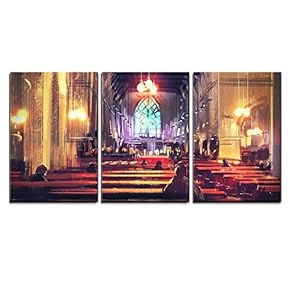 Interior View of a Church Illustration Digital Painting x3 Panels