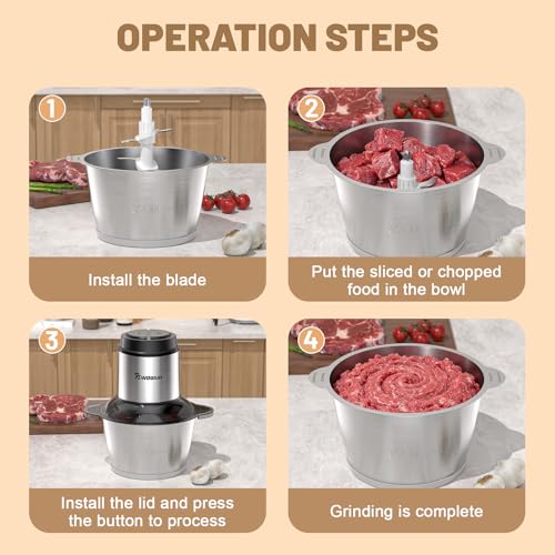NWOUIIAY Electric Kitchen Chopper 2L 300W, 2 Speed Food Processor with 4 Blades, Multifunction Stainless Steel Bowl Chopper, Electric Chopper for Meat, Vegetables and Fruits