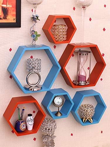 Home Sparkle Wall Shelf, Set of 6 (Lacquer Finish, Blue and Orange)