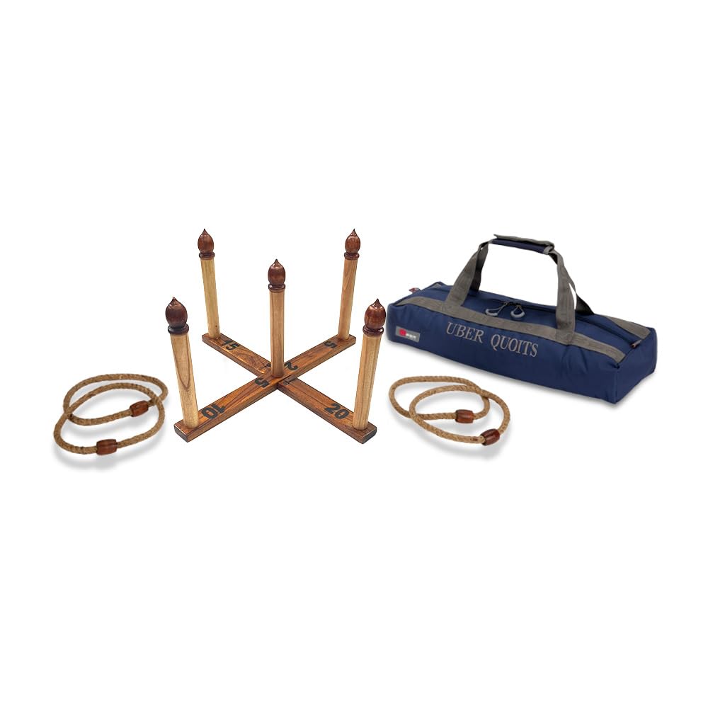 Uber Games - Wooden Quoits Set - Traditional Lawn Game - Pine Wood Base & Pegs - Rope Throwing Hoops - Canvas Bag Included