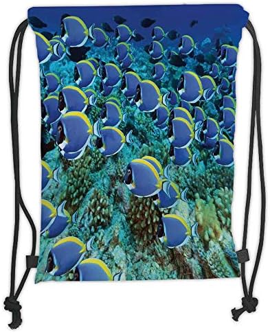 OQUYCZ Drawstring Sack Backpacks Bags,Ocean,School of Powder Blue Tang Fishes in the Coral Reef Maldives Deep Seas,Aqua Blue and Yellow Soft Satin,5 Liter Capacity,Adjustable String Closure,Th