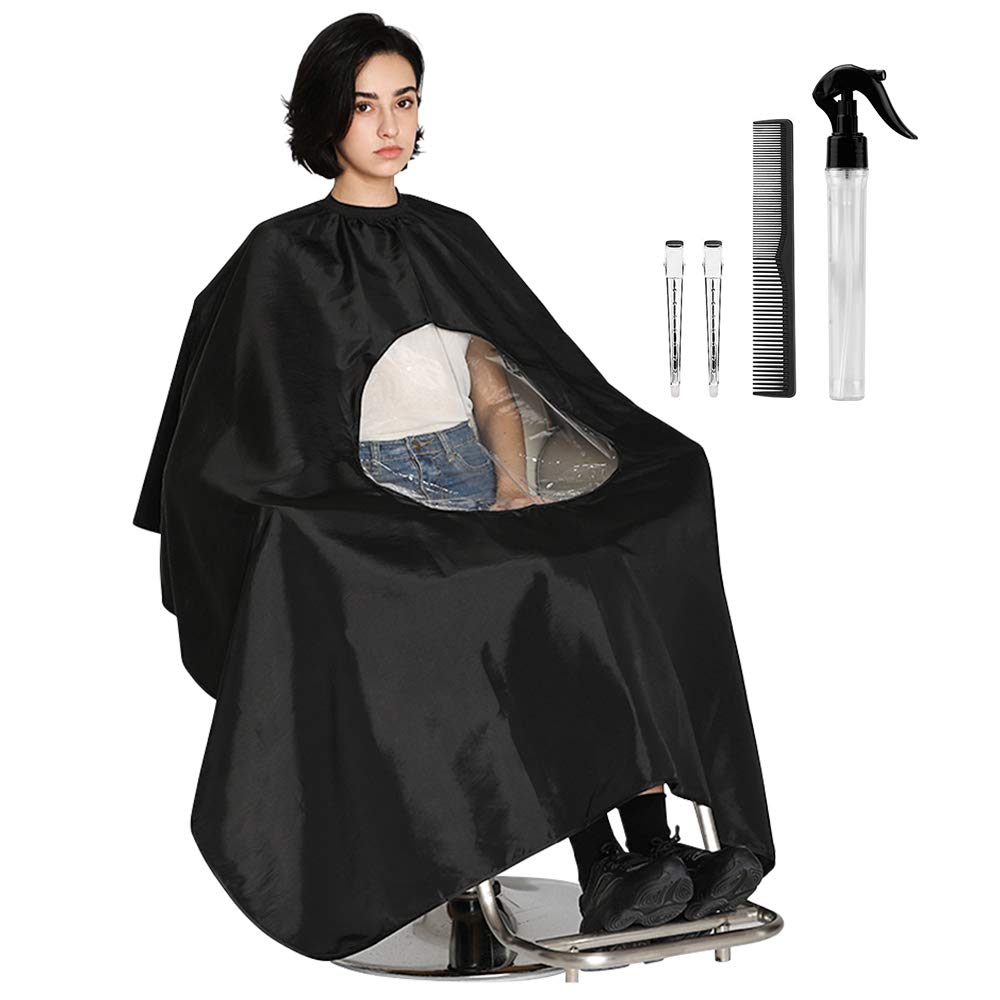 Professional Barber & Salon Cape - Large Haircut Cover Hairdresser Gown With Clear Phone Viewing Window, Spray Bottle, Carbon Comb, 2 Metal Clips Hair Cutting Capes 5 Pcs, 55"x63" (USLWB-Black) : Beauty