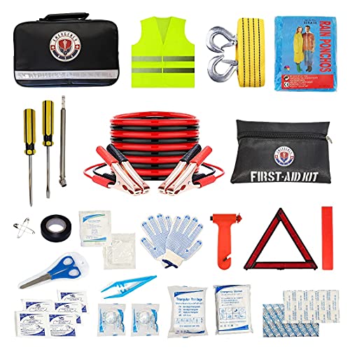 Roadside Assistance Emergency Car Kit First Aid Kit, Jumper Cables, Tow Strap, led Flash Light