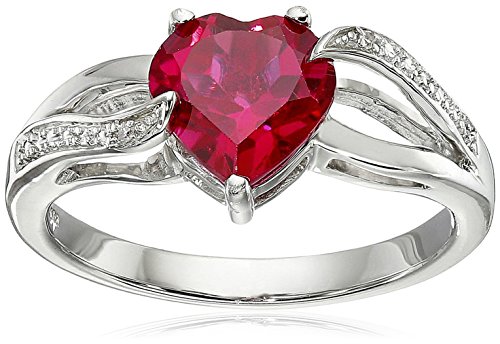 Sterling Silver Created Ruby Heart with Diamond Ring, Size 7