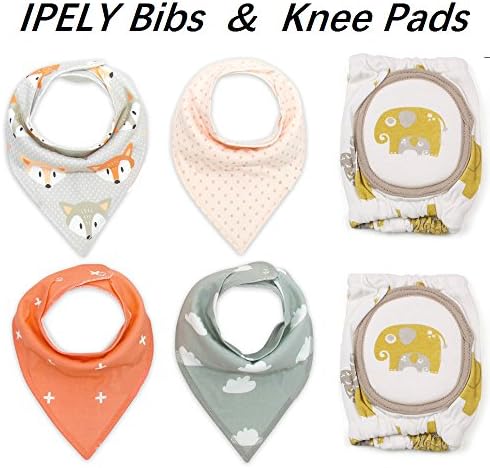 IPELY Baby Bandana Drool Bib Set And Baby Knee Pads, 4-Pack Drool Bibs And 1-Pair Infant Toddler Crawling Safety Protector for Boys &amp; Girls (Cute Foxes )