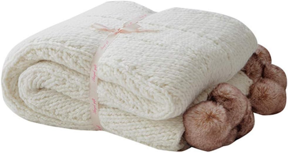 BACOME Bedding Pom-poms Fringe Knitted Lightweight Throw Blanket Crochet, Super Soft, Bedding and Couch Cover (51x63inch, White)