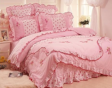 Amazon Sisbay可愛いローズ花柄韓国寝具セット ファルバラガールズ掛け布団カバーピンクイエロー 田舎ツインクイーンキングベッドスカート 6pcs クイーン ピンク 寝具カバーセット オンライン通販