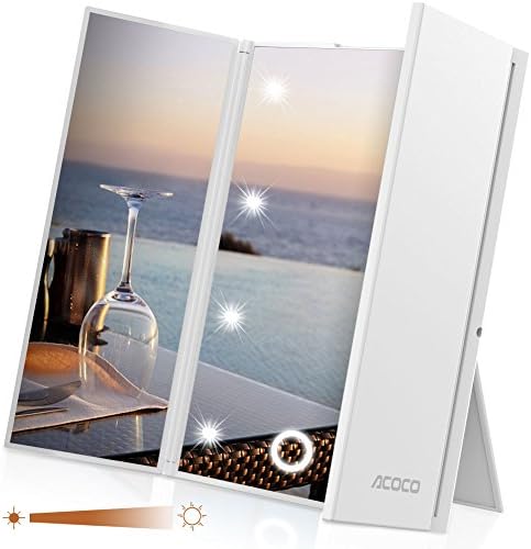 ACOCO Trifold Lighted Travel Makeup Mirror 8 LEDs Touch Control Dimmable, Foldable Cosmetic Mirror Batteries Included (White)