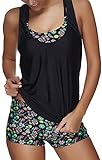 Women 3 Pieces Tankini Swimsuit with Panty Boyshorts Swimwear,Green Flower-L