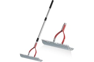 MANXRKUI Thatch Rake, 15-inch Lawn Dethatcher Rake, Metal Lawn Rake for Thatch with Stainless Steel Handle, Adjustable 42 to 71 inch Grass Rake for Leaves, Dead Grass, Loosening Soil