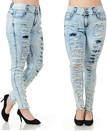 WOMENS PLUS SIZE Acid Wash Distressed Destroy Ripped BL SKINNY DENIM JEANS PANTS