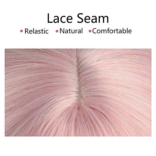 incohair 14 Inch Pink Wig Pastel Wavy Wig with Air Bangs Women Girls Short Bob Curly Wig Shoulder Length Lace Seam Synthetic Cosplay Wig Wig Cap Included