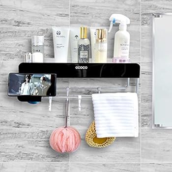 SHE'S HOME Bathroom Wall Mounted Organizer with Towel Bar, Shower Caddy Wall Bathroom Shower Organization Adhesive Corner Suction Storage Rack Shelf Hanging Hooks,Soap Holder,Black