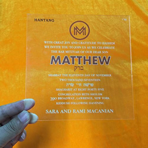 Customized 6.25x6.25inch 3mm Thick Clear Acrylic Jewish Bar Mitzvah Invitation Card Party Invitation Card 100pcs Per Lot