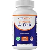 Vitamatic ADK Vitamin Supplement, 180 Veg Capsules, High Potency Vitamins A, D3, K2 for Bone Health, Calcium Absorption, Non-GMO, Gluten Free