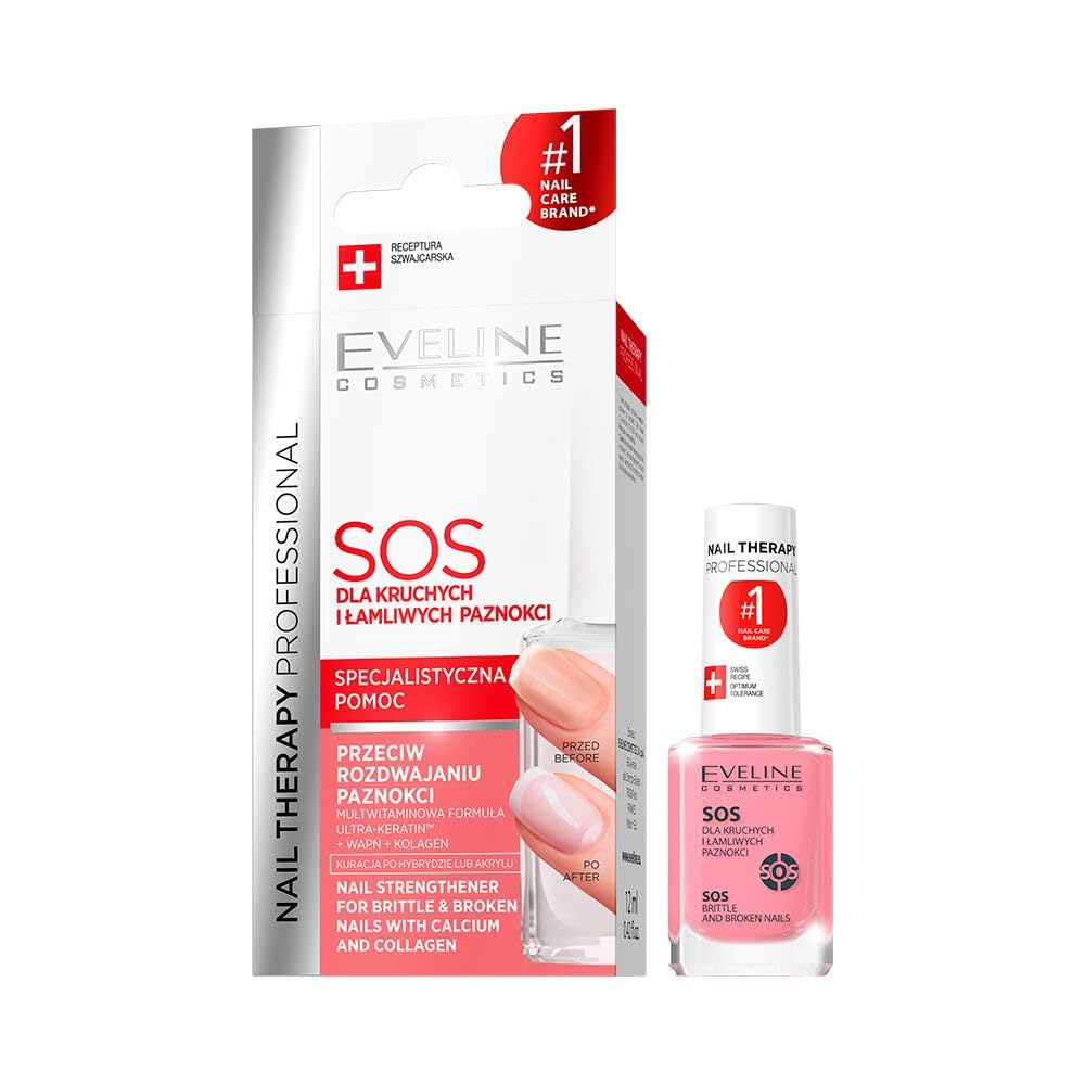 Eveline Cosmetics Nail Therapy Professional SOS Nail Strengthening Conditioner with Calcium & Collagen - For Brittle, Splitting, and Weak Nails - 12 ML
