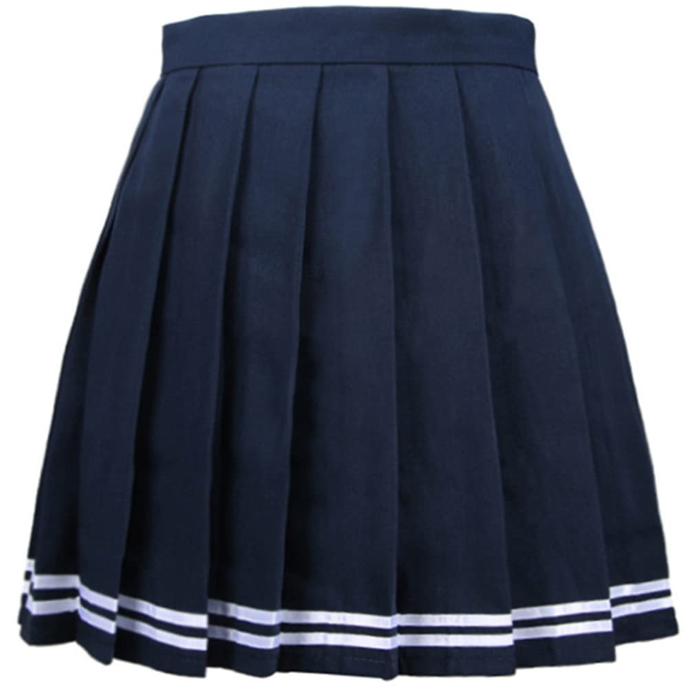[FUPUONE] 制服スカート 長め 紺 白ライン 女子高生 JK コスプレ プリーツスカート ミニスカート (S) の商品画像