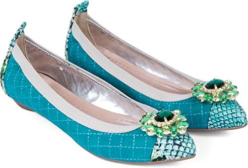 Turquoise ballet flat shoes for women with python embossed eco-leather fabric pointed toe and jewel rhinestone accent