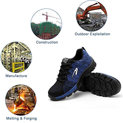 SUADEX Indestructible Steel Toe Shoes for Women Men, Safetry Shoes Breathable Puncture Proof Steel Toe Sneakers Work Shoes Construction Shoes 536 Blue Size 9 Women/7.5 Men