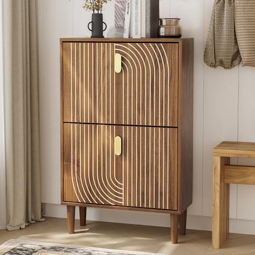 Morwdxef Shoe Storage Cabinet with 2 Flip Drawers, 60cm(W) Freestanding Shoe Organizer with Metal Handles for Entryway, Narrow Shoe Rack Cabinet