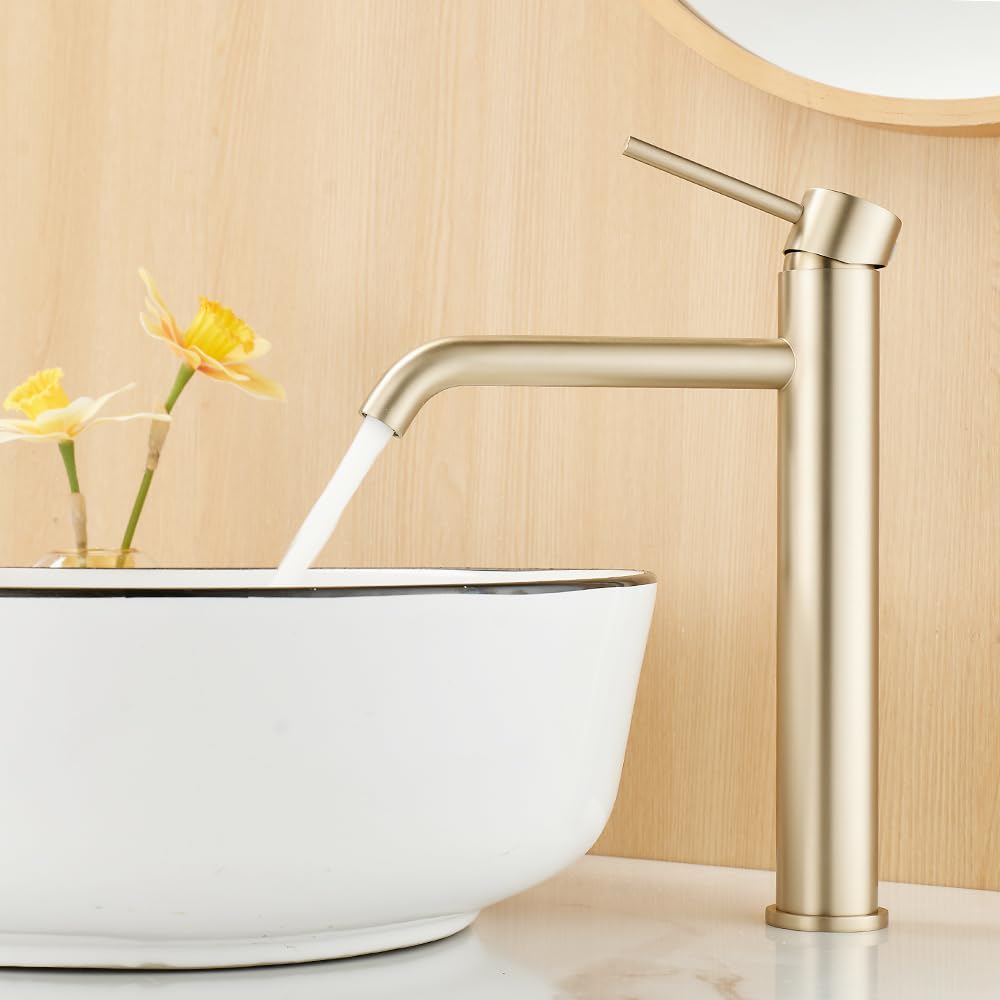 Maynosi Tall Bathroom Basin Mixer Tap, High Rise Basin Tap for Washroom, High Spout Faucet for Counter-top Basin, Modern Monobloc Sink Taps with Flexible Hoses, Brushed Gold
