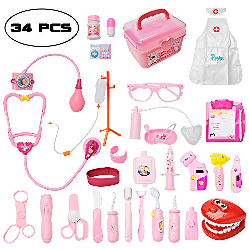 Toddler Doctor Kit with 34pcs Pretend Play Toys Dentist Medical Equipment Including Electronic Stethoscope and Dress Up Nurse Suit for Kids Girls Boys (Pink) - Thumbnail 7