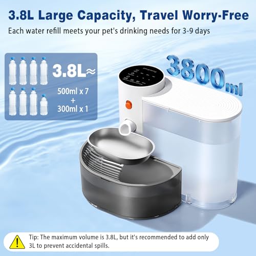 3.8L Cat Fountain without Cable: Automatic Cat Drinker Without Filter and Wireless with Battery 2000mAh Used Water Separation System Stainless Steel Bowl White