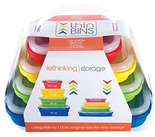 Thin Bins Collapsible Containers - Set of 4 Rectangle Silicone Food Storage Containers - BPA Free, M - //coolthings.us