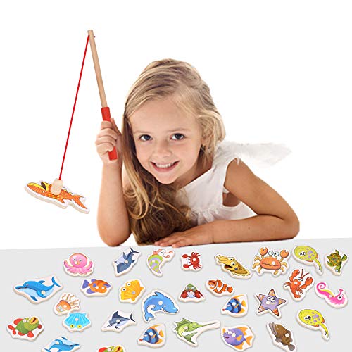 Magnetic Wooden Fishing Toy Set - Fishing Game Lets Go Fishing Toy Game 32Piece Fishes Basic Educational Development Wooden Magnetic Bath Fishing Travel Table Toy Halloween Christmas Birthday Gift for