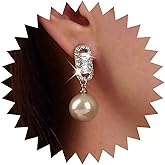 Yheakne Boho Pearl Drop Earrings Vintage Crystal Pearl Earrings Oval Rhinestone Stud Earrings Large Pearl Dangle Earrings Jewelry for Women