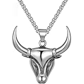 Bull Head Necklace for Men, Stainless Steel Silver Long Chain Trendy Cool Western Animal Cattle Horns Bull Pendant Necklace For Husband Boyfriend Dad Cowboy Xmas Gift Non Tarnish Waterproof Jewelry