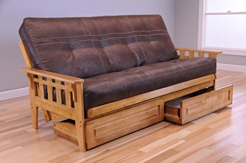 Wooden Futon Storage Drawers Mission Style Maple Color Light Wood Frame with Full Size Mattress
