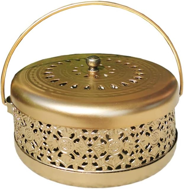 Whiidoom Classical Design Mosquito Coil Holder with Handle Round Iron Mosquito Incense Burner (Gold)