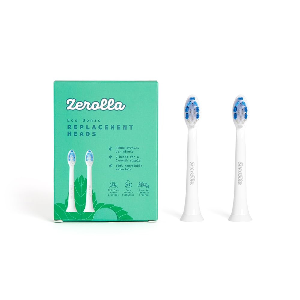 Zerolla Eco Electric Sonic Toothbrush Replacement Heads Pack of 2 | Sustainable & Recyclable Heads | Over 6 Months Supply | Ultra Fast 50000 Vibrations per Minute | Plastic-Free Packaging