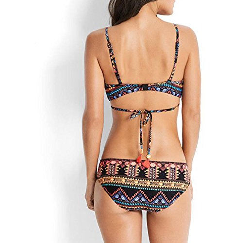 Challyhope Bikini Swimsuit, Women Monokini Sexy Bohemia Push-up Bra Beach Bathing Suit Two Piece (L, Black)