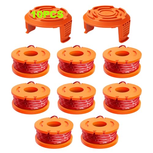 10 Packs Replacement Grass Trimmer Spool Works with Worx All Grass Trimmers with 20 V, 1.65 mm Diameter and 3 m Length Thread Spool, Includes 8 Packs of Grass Trimmer Thread and 2 Packs of Cap Lid