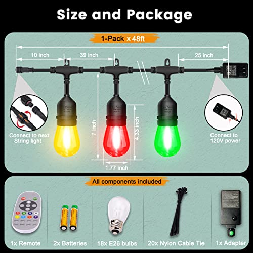 QQARORSUN Colored String Light Outdoor Remote Control, Dimmable Waterproof &Shatterproof E26 Bulb String, 15 Sockets Linkable Commercial Grade Hanging 48ft String Light RGB for Café, Backyard, 1-Pack