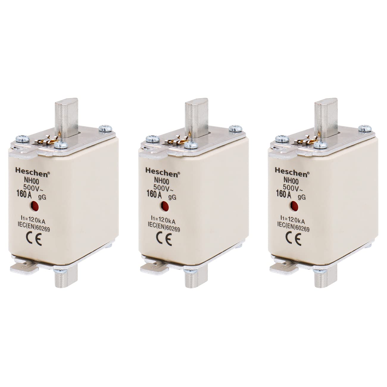 Heschen NH Fuse Link, NH00, 160A, gG, Front Indicator, Combination Detector, AC 500V 120KA,Pack of 3 — image 1