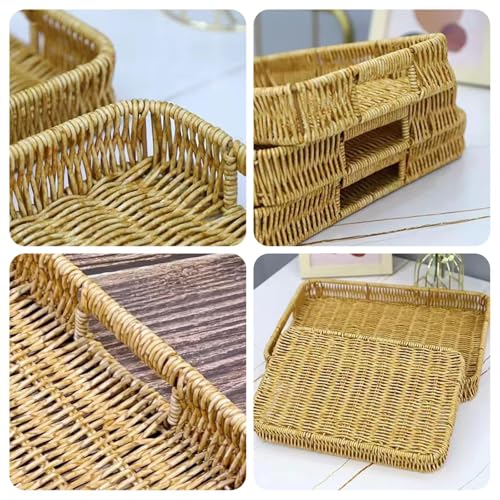 Rectangle Rattan Serving Trays with Handles, Decorative Woven Wicker Organizer Baskets Storage Tray for Coffee Table, Bread, Fruit, Snacks 2 Pack