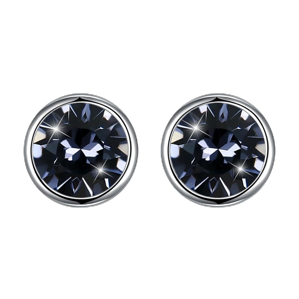 Hanie Silver Stud Earrings for Women, 925 Sterling Silver Crystal Studs Earrings, 8mm Black Round Small Sleeper Earrings, Unisex Allergen-Free Jewellery for Women Men Girls Boys