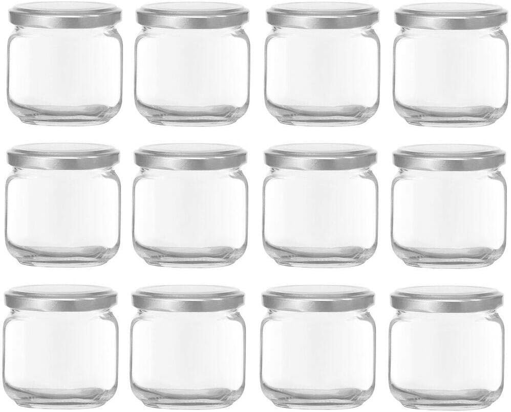 Nakpunar 8 oz Square Glass Jars with Lids - Rounded Edge - Made in Italy (Silver - 12 Jars)