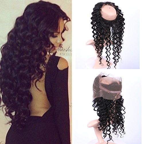 Fennell Deep Wave 360 Lace Band Frontals Brazillian Human Hair Full Hand Tied 360 Full Lace Frontal Closure With Baby Hair Natural Color (22 inches)