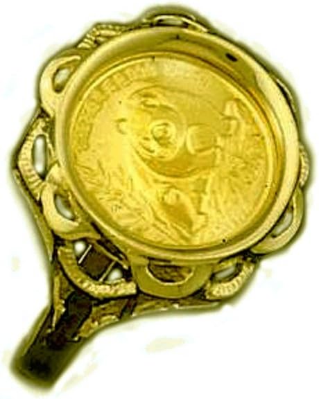 TEX 24K 1/20 Oz.Chinese Panda Bear Coin Set In 14K Solid Yellow Gold Ladies Coin Ring-Random Year Coin