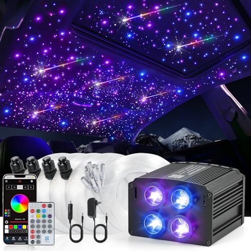 Car Starlight Headliner Kit, 4 Colours, 32 W Twinkle & Meteor Fibre Optic Ceiling Lights, 2 in 1 Light Engine, 1000 Pieces x 0.03 in x 13.1 ft + 240 RGBW Shooting Stars Lights for Car Roof Décor