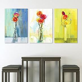 3 Panel Canvas Wall Art - Oil Painting Style Colorful Flowers in The Vase - Giclee Print Gallery Wrap Modern Home Art Ready to Hang - 16"x24" x 3 Panels